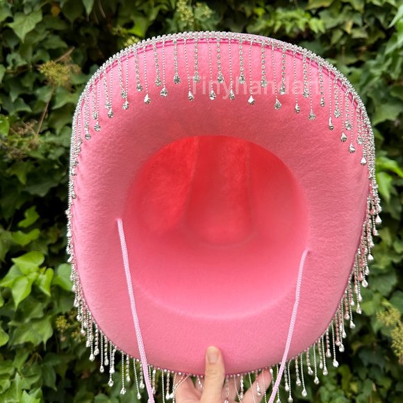Pink Diamond Fringe Cowboy /Cowgirl Hat,Rhinestone Fringe Double rhinestone band - Picture 5 of 10